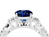 White gold Round Cut Blue Sapphire Three-Stone Ring with Pavé Split Shank and Four-Prong Setting_4
