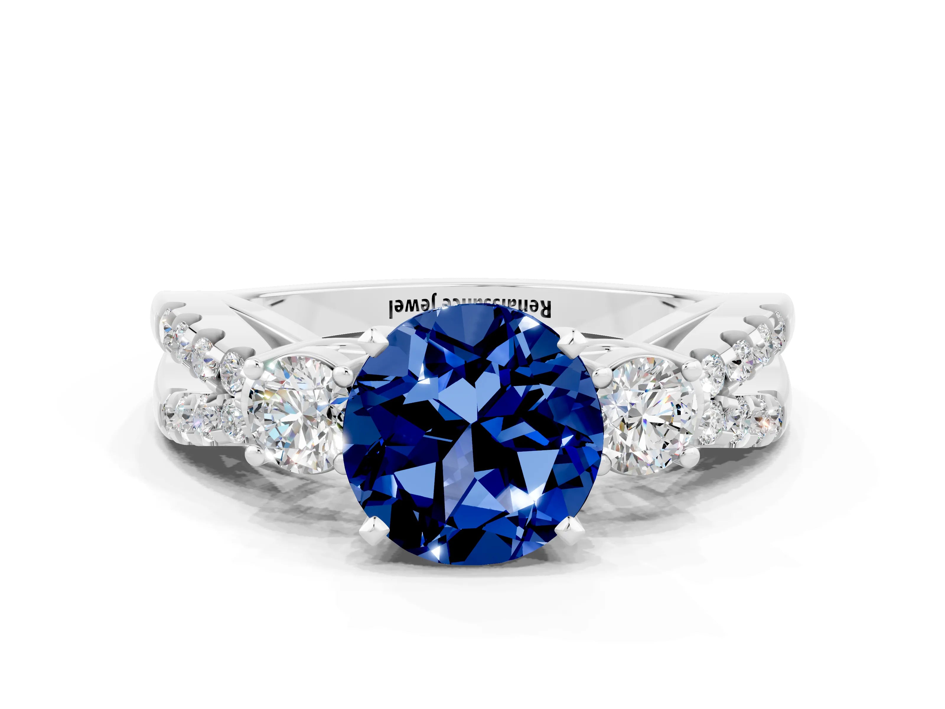 White gold Round Cut Blue Sapphire Three-Stone Ring with Pavé Split Shank and Four-Prong Setting