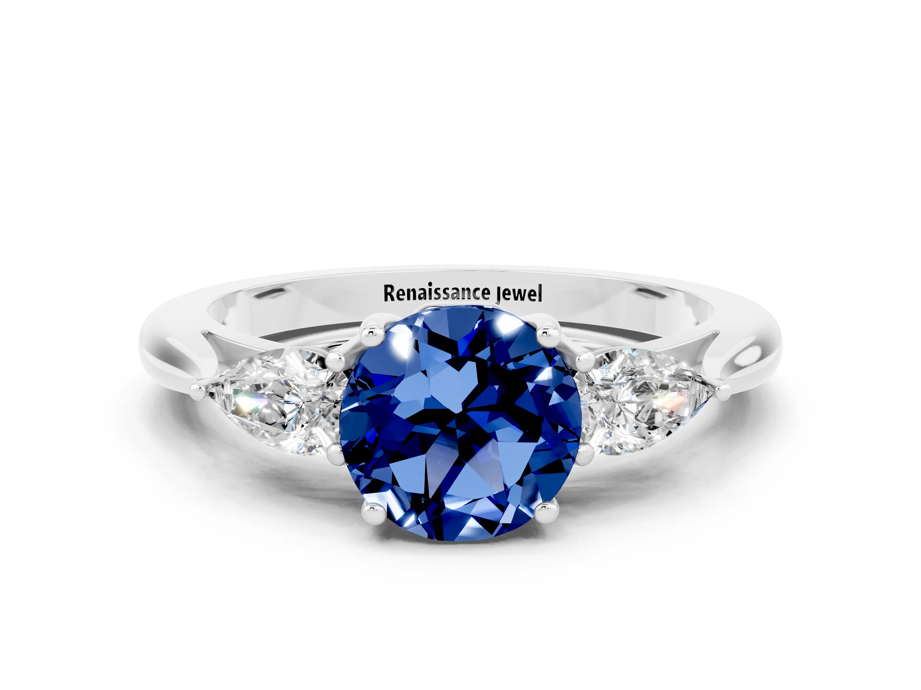 White gold Round Cut Blue Sapphire Three-Stone Ring with Pear Side Stones and Four-Prong Setting_12