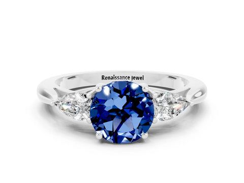 White gold Round Cut Blue Sapphire Three-Stone Ring with Pear Side Stones and Four-Prong Setting_12