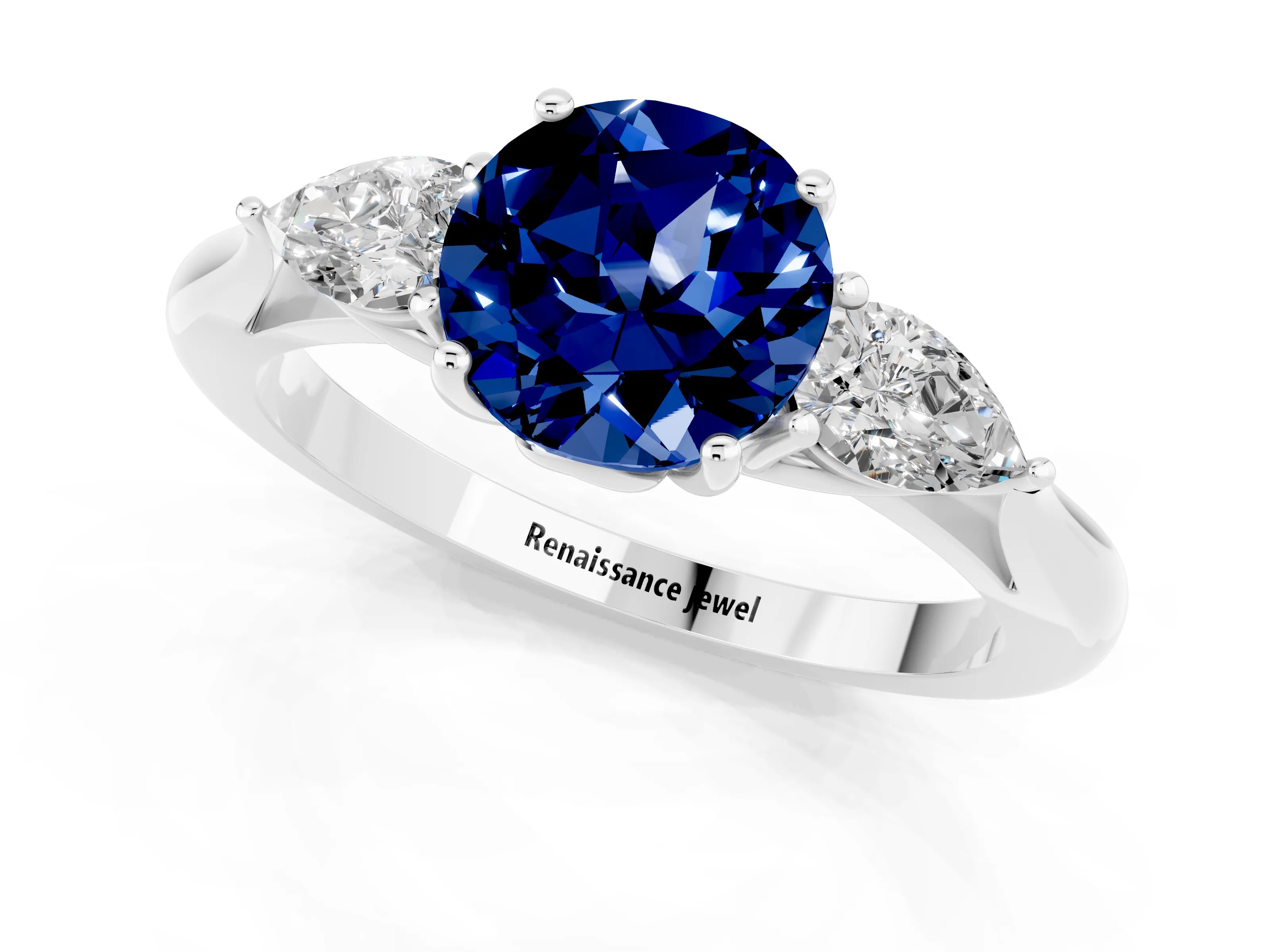 White gold Round Cut Blue Sapphire Three-Stone Ring with Pear Side Stones and Four-Prong Setting_13