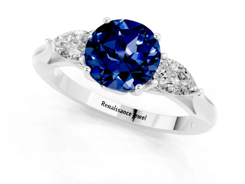 White gold Round Cut Blue Sapphire Three-Stone Ring with Pear Side Stones and Four-Prong Setting_13