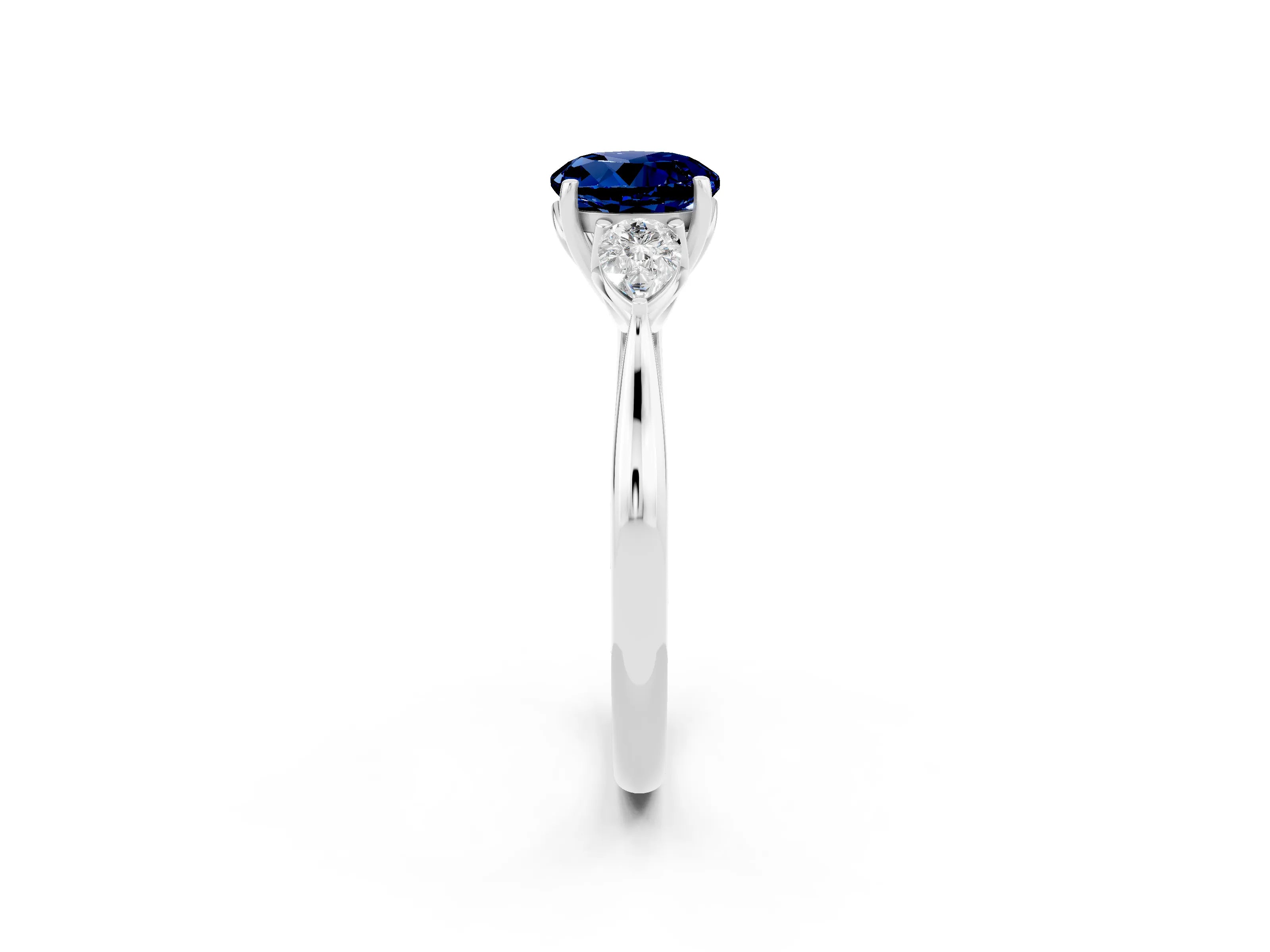 White gold Round Cut Blue Sapphire Three-Stone Ring with Pear Side Stones and Four-Prong Setting_14
