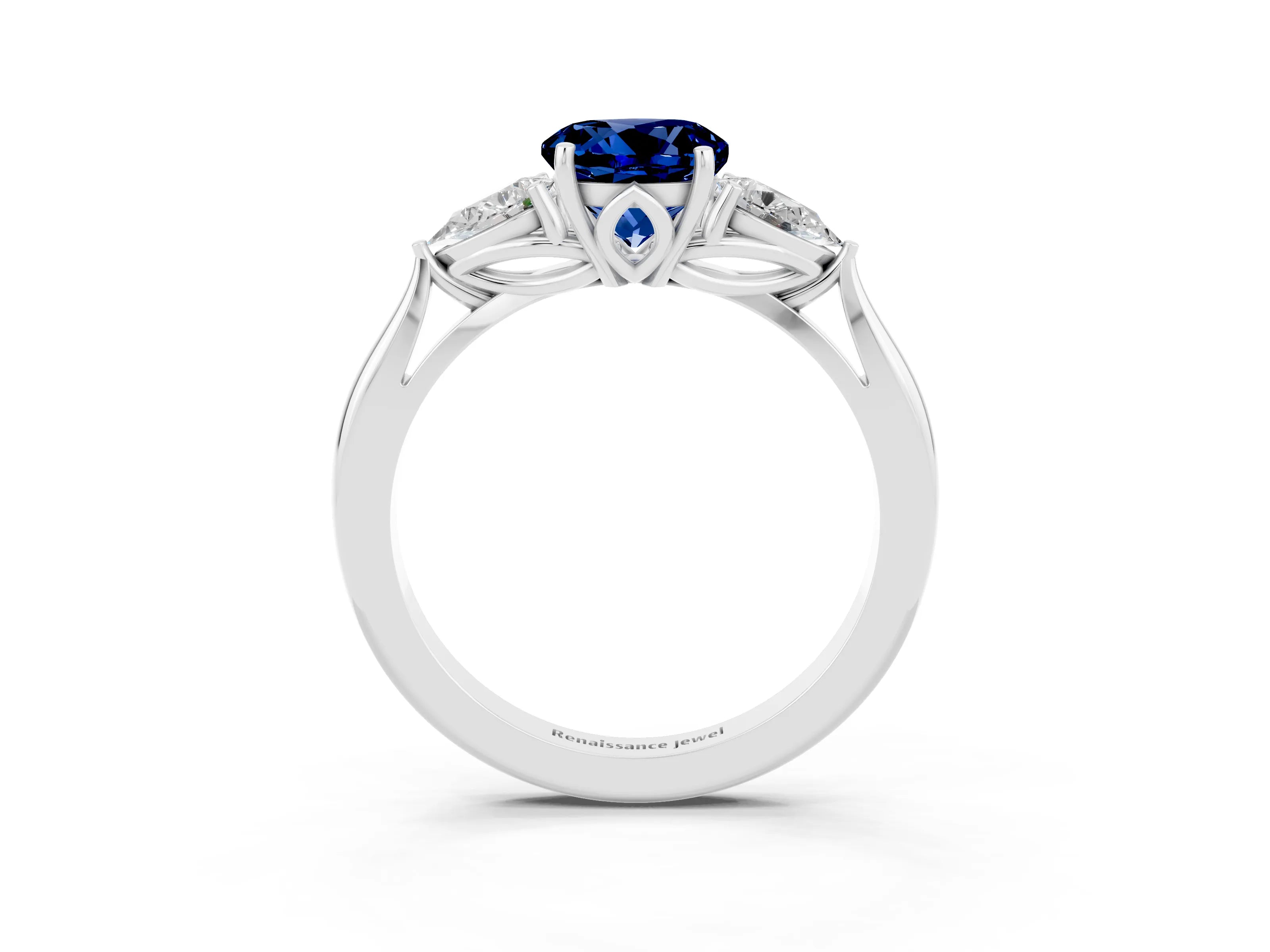 White gold Round Cut Blue Sapphire Three-Stone Ring with Pear Side Stones and Four-Prong Setting_15