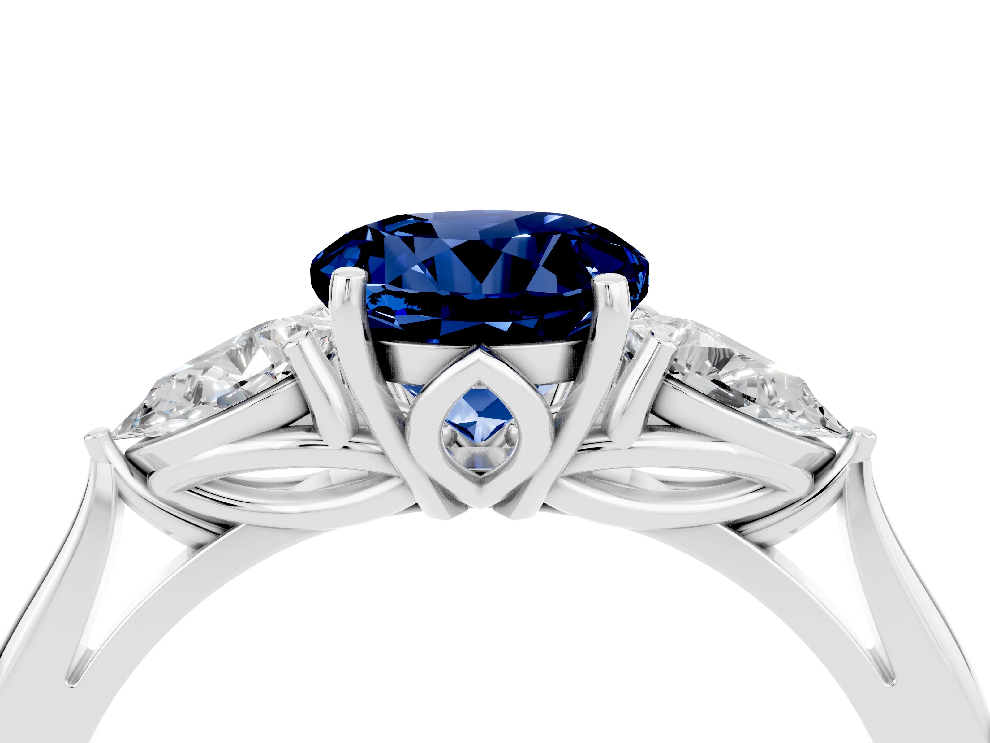 White gold Round Cut Blue Sapphire Three-Stone Ring with Pear Side Stones and Four-Prong Setting_16
