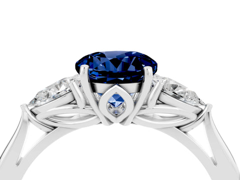 White gold Round Cut Blue Sapphire Three-Stone Ring with Pear Side Stones and Four-Prong Setting_16