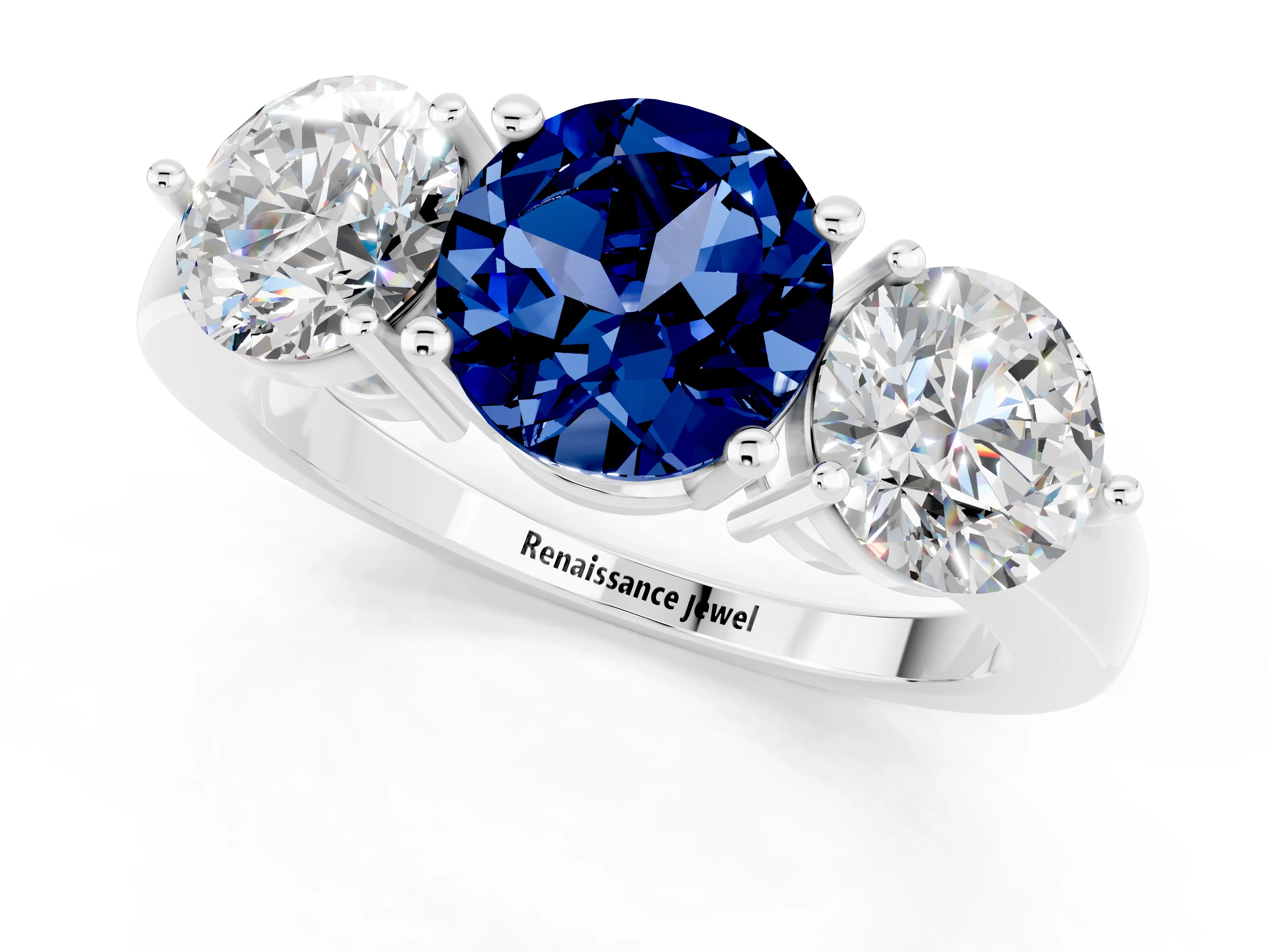 White gold Round Cut Blue Sapphire Three-Stone Ring with Prong Setting and Classic Band_1