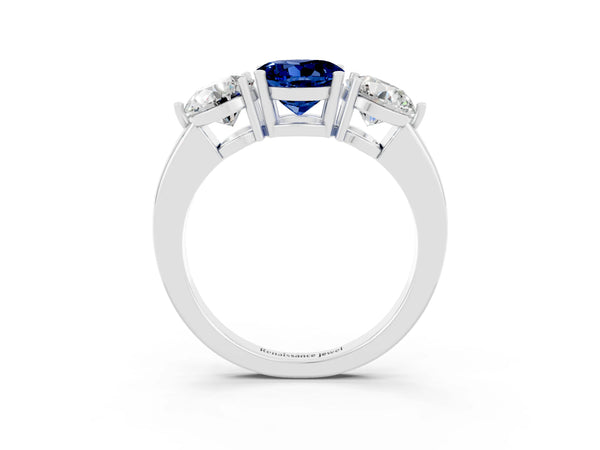 White gold Round Cut Blue Sapphire Three-Stone Ring with Prong Setting and Classic Band