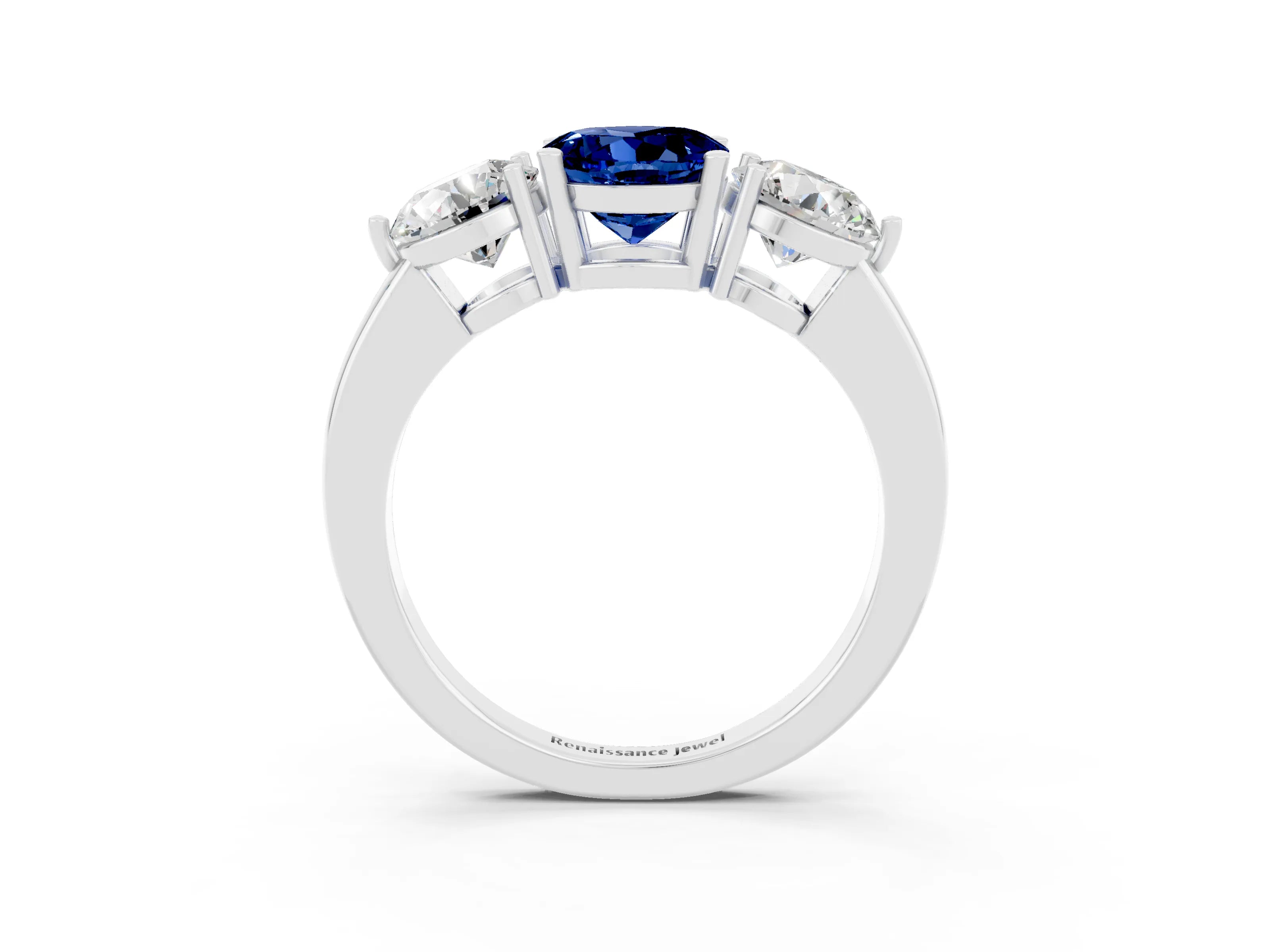White gold Round Cut Blue Sapphire Three-Stone Ring with Prong Setting and Classic Band_3