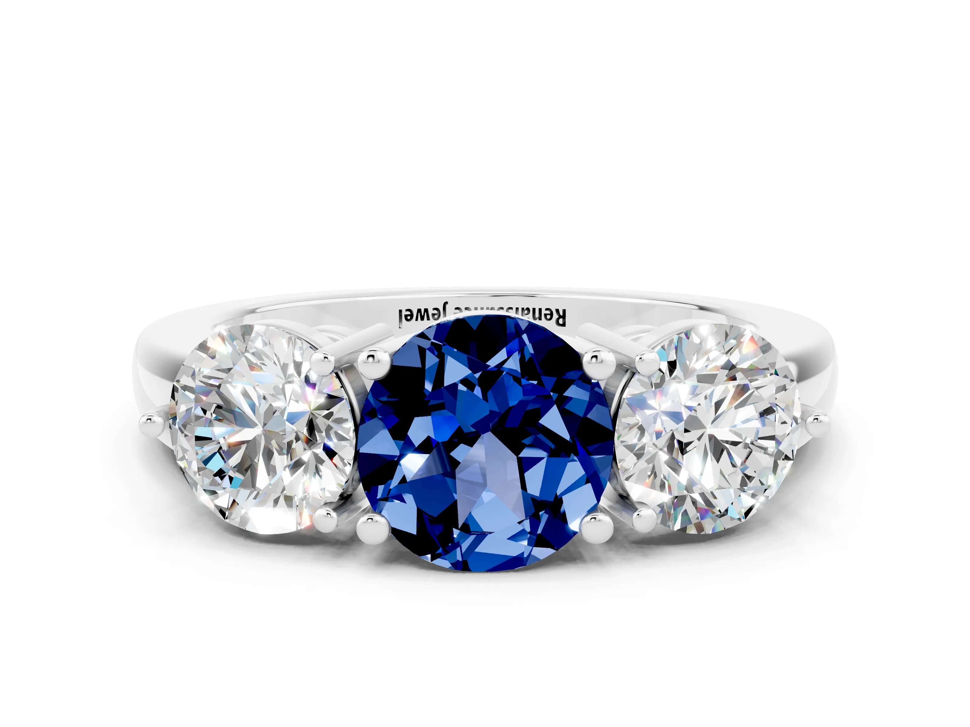 White gold Round Cut Blue Sapphire Three-Stone Ring with Prong Setting and Classic Band