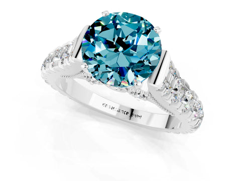 White gold Round Cut Blue Topaz Classic Solitaire Ring with Pavé Band and Four-Prong Setting_1