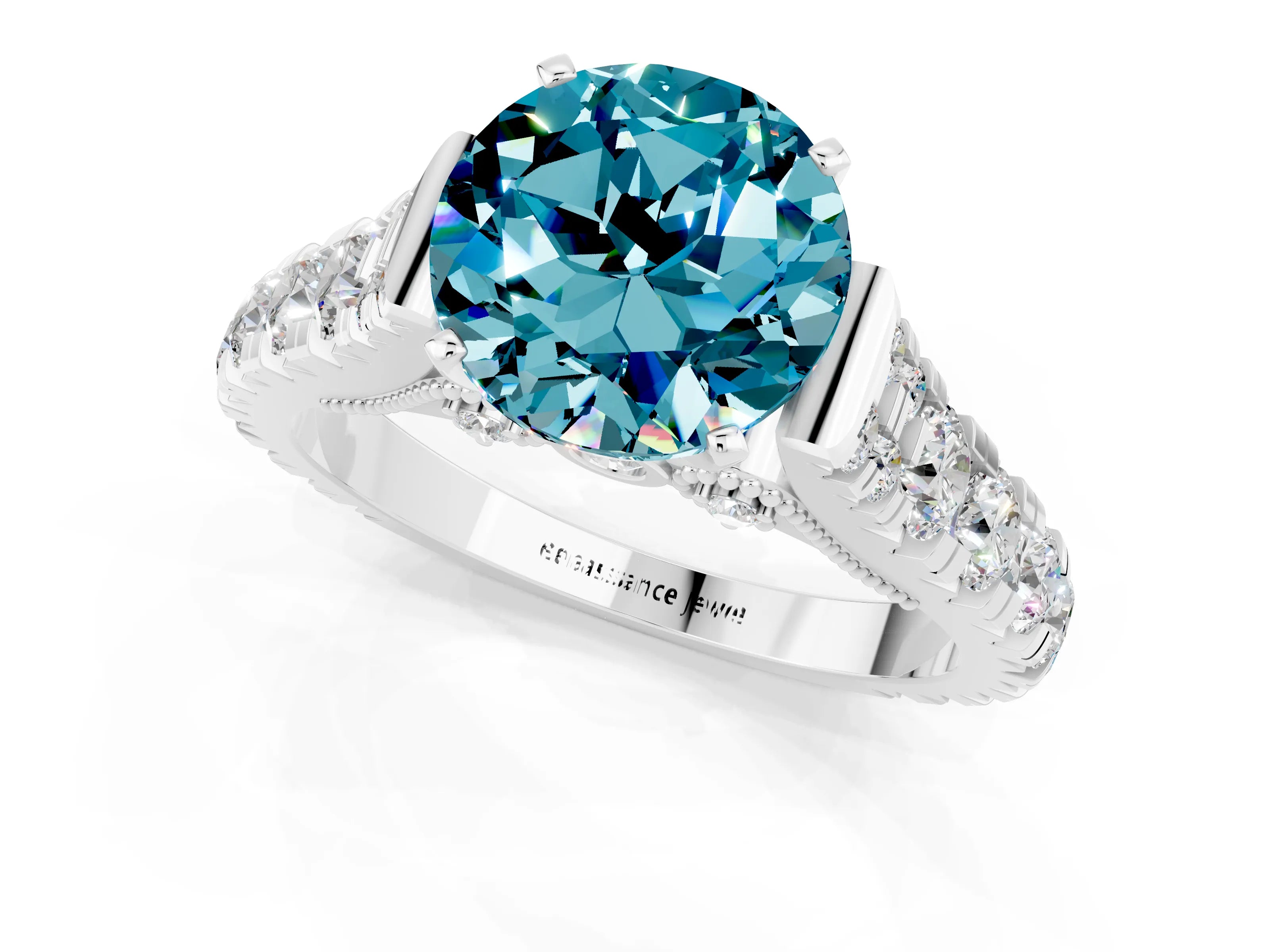 White gold Round Cut Blue Topaz Classic Solitaire Ring with Pavé Band and Four-Prong Setting_1