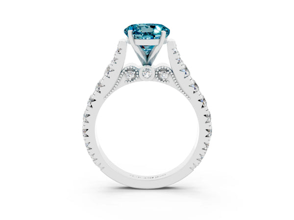 Platinum Round Cut Blue Topaz Classic Solitaire Ring with Pavé Band and Four-Prong Setting