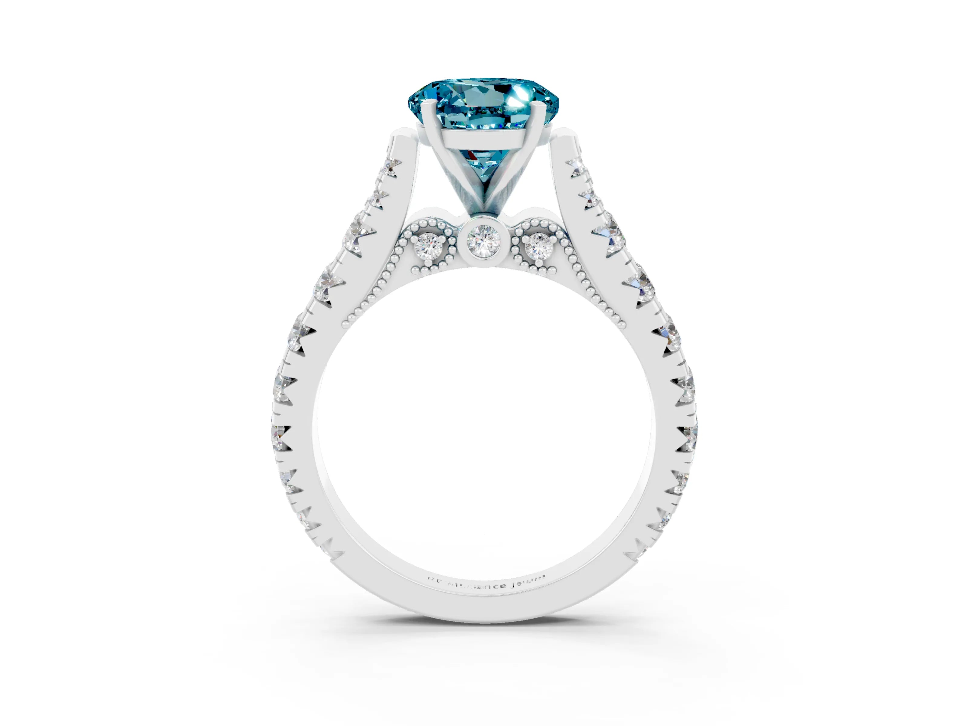 White gold Round Cut Blue Topaz Classic Solitaire Ring with Pavé Band and Four-Prong Setting_3