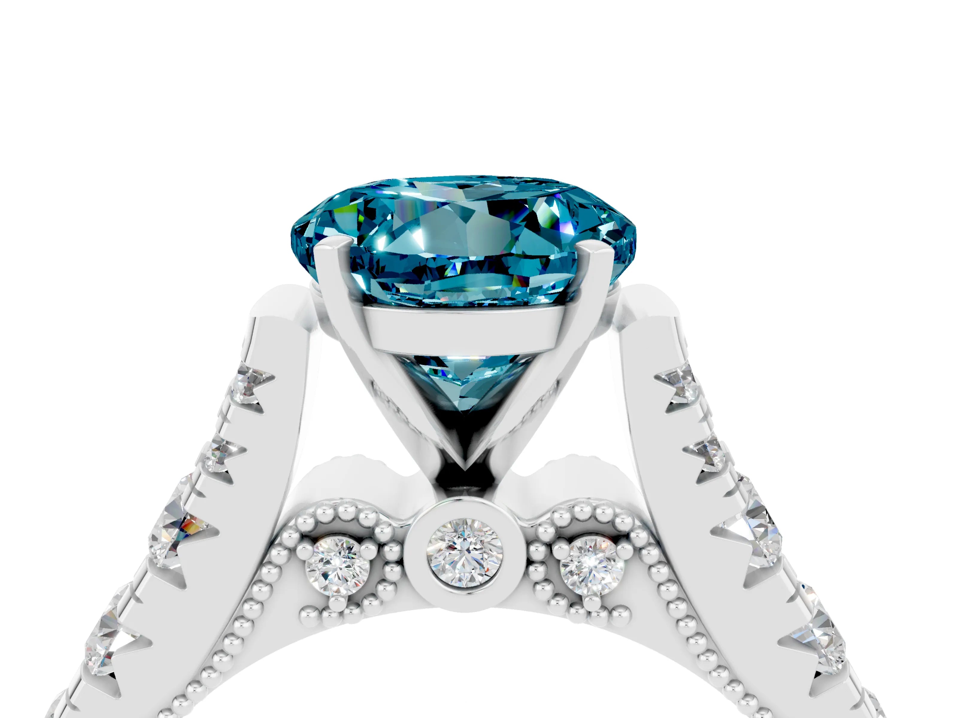 White gold Round Cut Blue Topaz Classic Solitaire Ring with Pavé Band and Four-Prong Setting_4