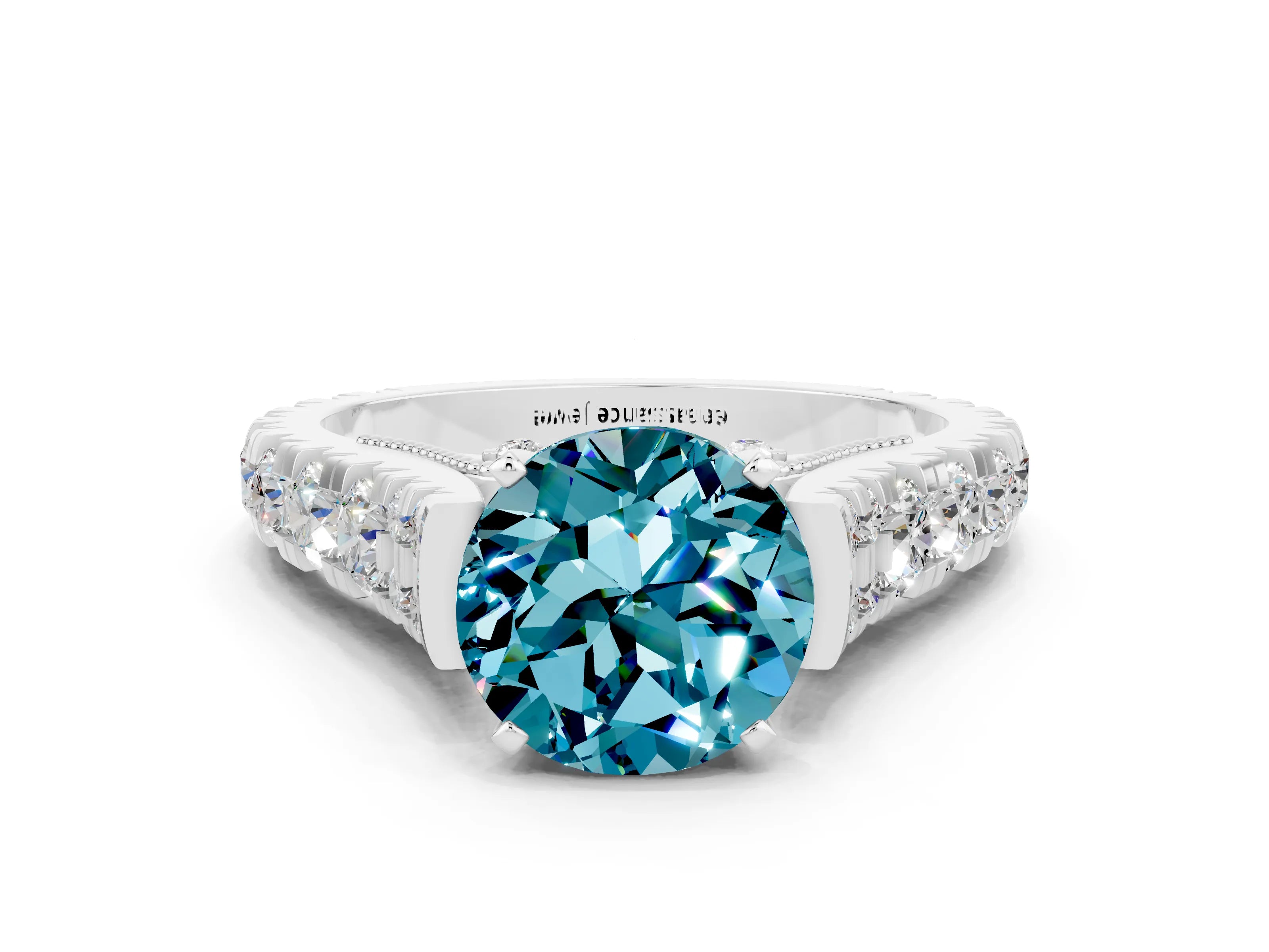 White gold Round Cut Blue Topaz Classic Solitaire Ring with Pavé Band and Four-Prong Setting
