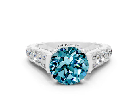 White gold Round Cut Blue Topaz Classic Solitaire Ring with Pavé Band and Four-Prong Setting