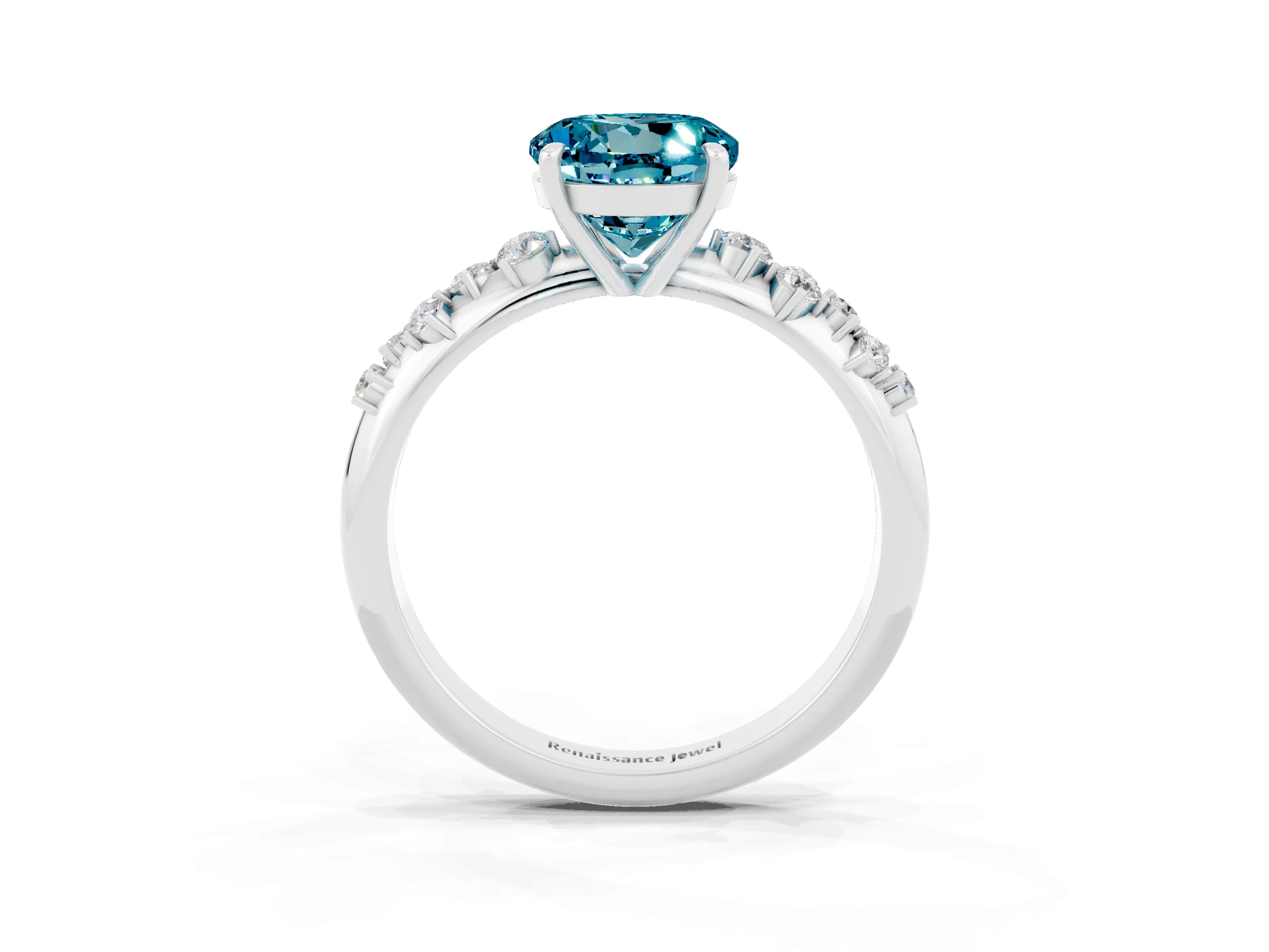 White gold Round Cut Blue Topaz Cluster Side Stone Solitaire Ring with Prong Setting_27