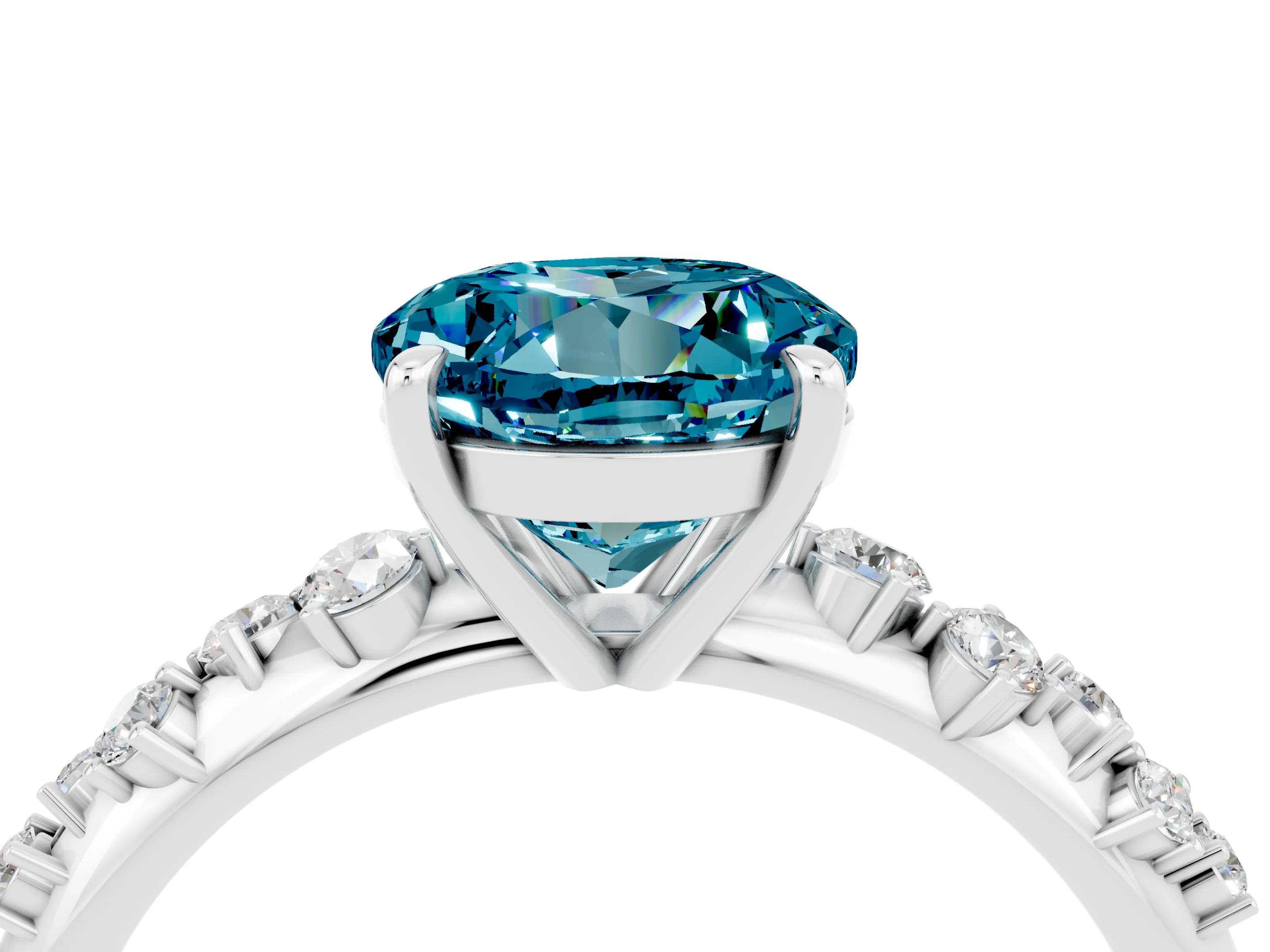 White gold Round Cut Blue Topaz Cluster Side Stone Solitaire Ring with Prong Setting_28