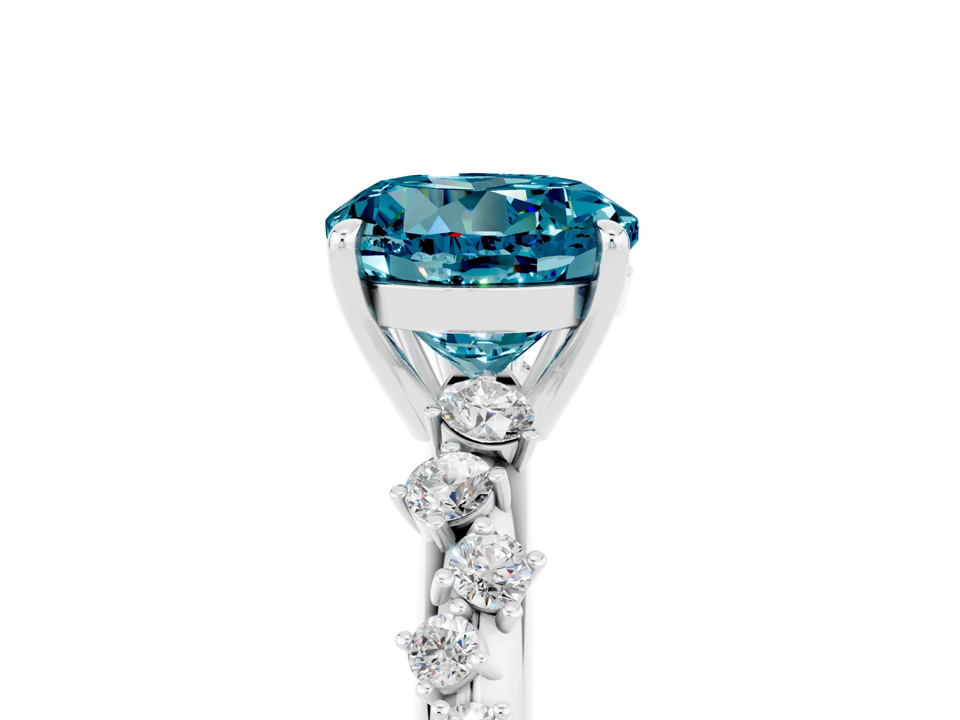 White gold Round Cut Blue Topaz Cluster Side Stone Solitaire Ring with Prong Setting_29