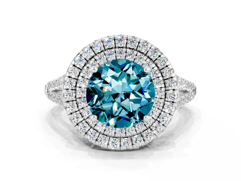 White gold Round Cut Blue Topaz Double Halo Ring with Pavé Band and Prong Setting_12