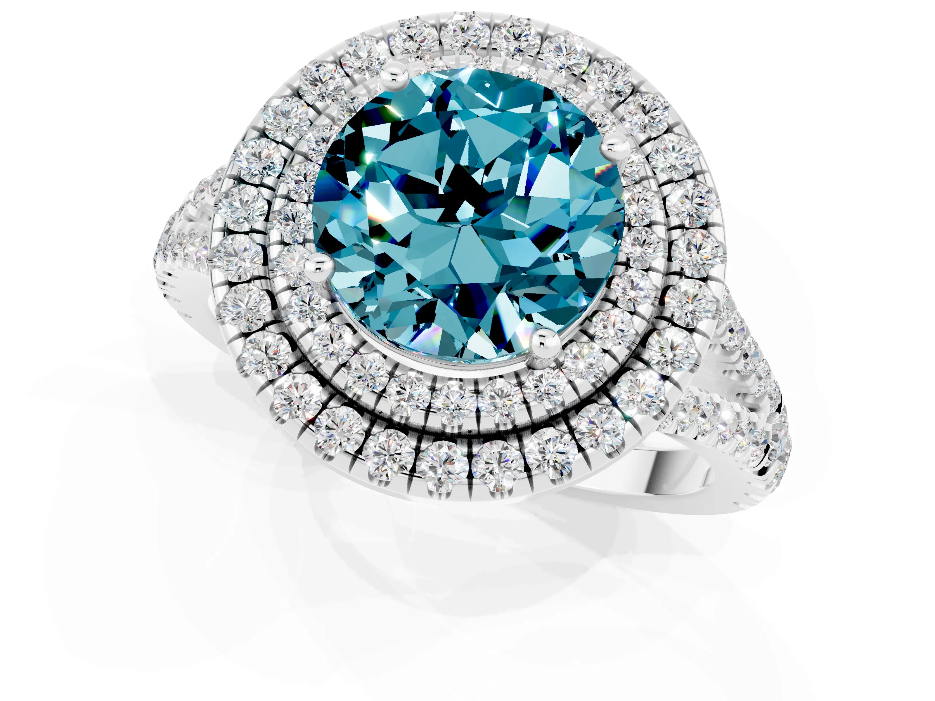 White gold Round Cut Blue Topaz Double Halo Ring with Pavé Band and Prong Setting_13