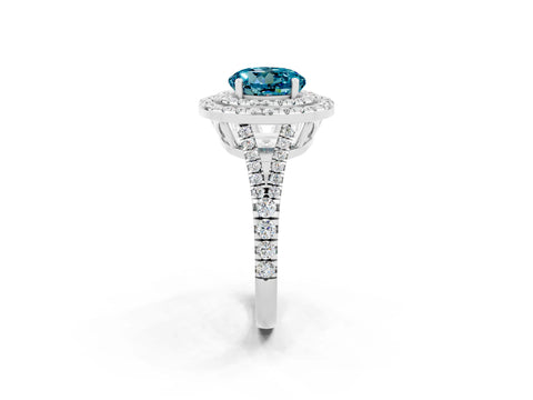 White gold Round Cut Blue Topaz Double Halo Ring with Pavé Band and Prong Setting_14