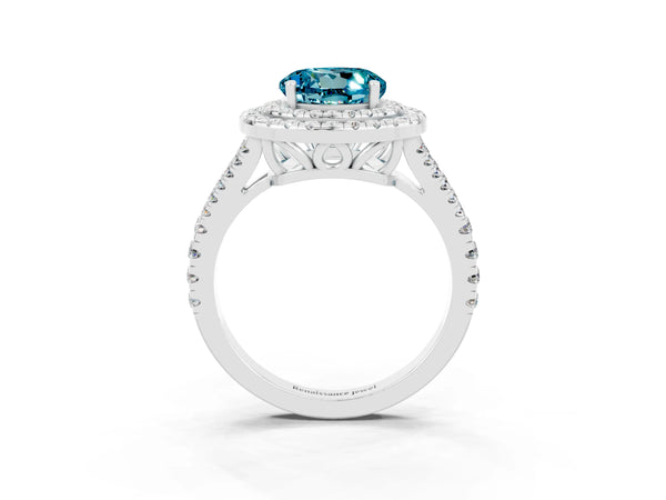 Platinum Round Cut Blue Topaz Double Halo Ring with Pavé Band and Prong Setting