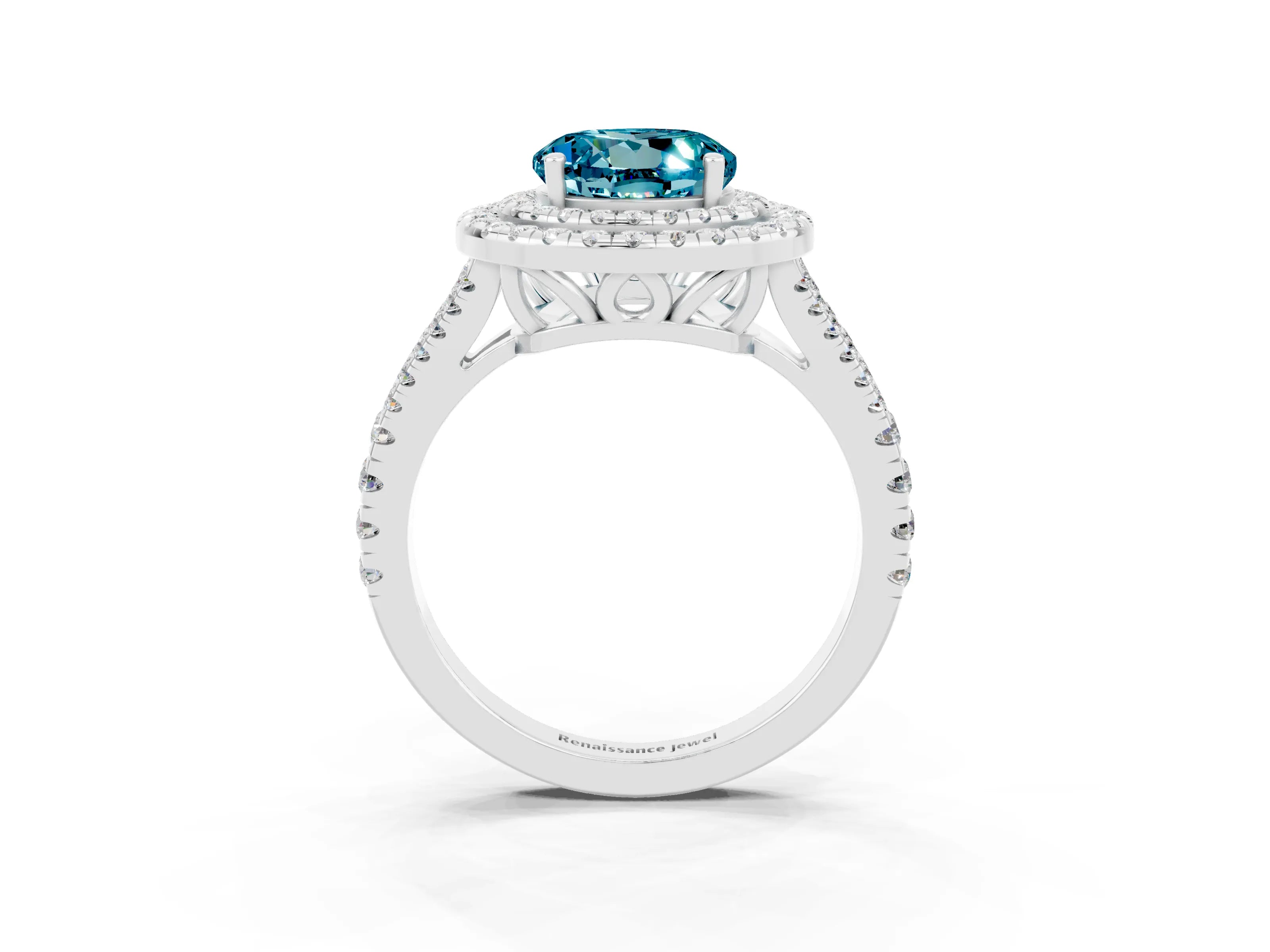White gold Round Cut Blue Topaz Double Halo Ring with Pavé Band and Prong Setting_15