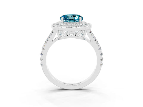 White gold Round Cut Blue Topaz Double Halo Ring with Pavé Band and Prong Setting_15