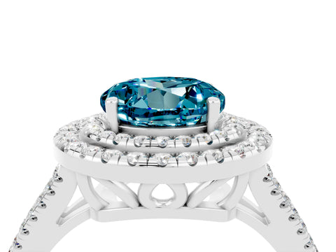 White gold Round Cut Blue Topaz Double Halo Ring with Pavé Band and Prong Setting_16