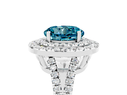 White gold Round Cut Blue Topaz Double Halo Ring with Pavé Band and Prong Setting_17