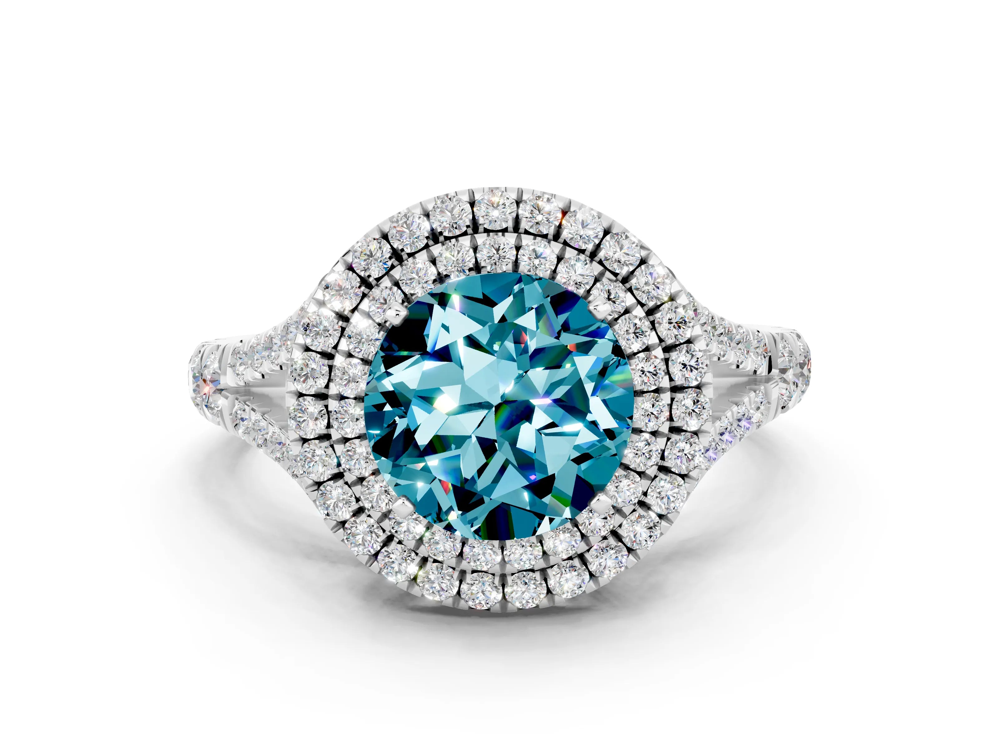White gold Round Cut Blue Topaz Double Halo Ring with Split Shank and Prong Setting_12
