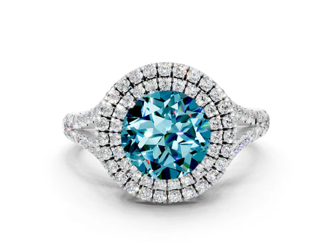 White gold Round Cut Blue Topaz Double Halo Ring with Split Shank and Prong Setting_12