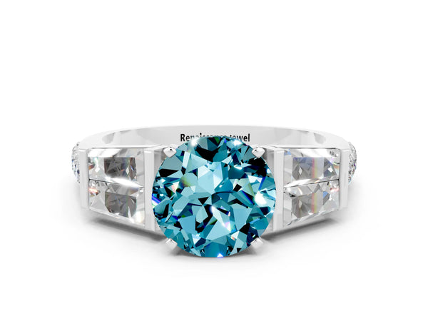 Platinum Round Cut Blue Topaz Engagement Ring with Baguette Side Stones and Channel Set Band