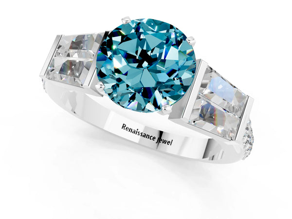White gold Round Cut Blue Topaz Engagement Ring with Baguette Side Stones and Channel Set Band