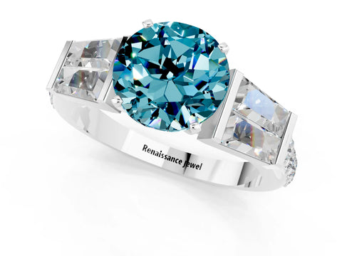 White gold Round Cut Blue Topaz Engagement Ring with Baguette Side Stones and Channel Set Band_1