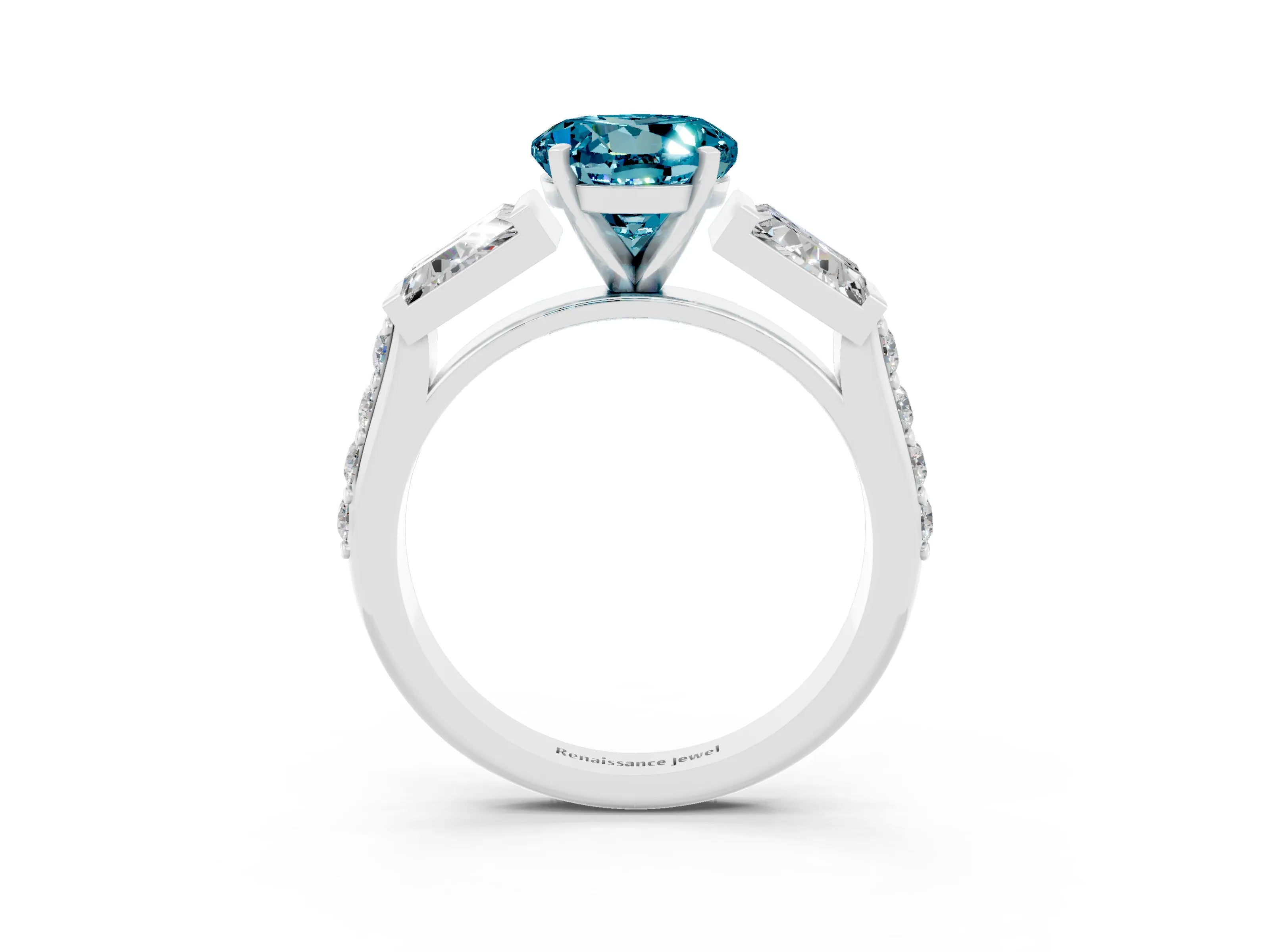 White gold Round Cut Blue Topaz Engagement Ring with Baguette Side Stones and Channel Set Band_3