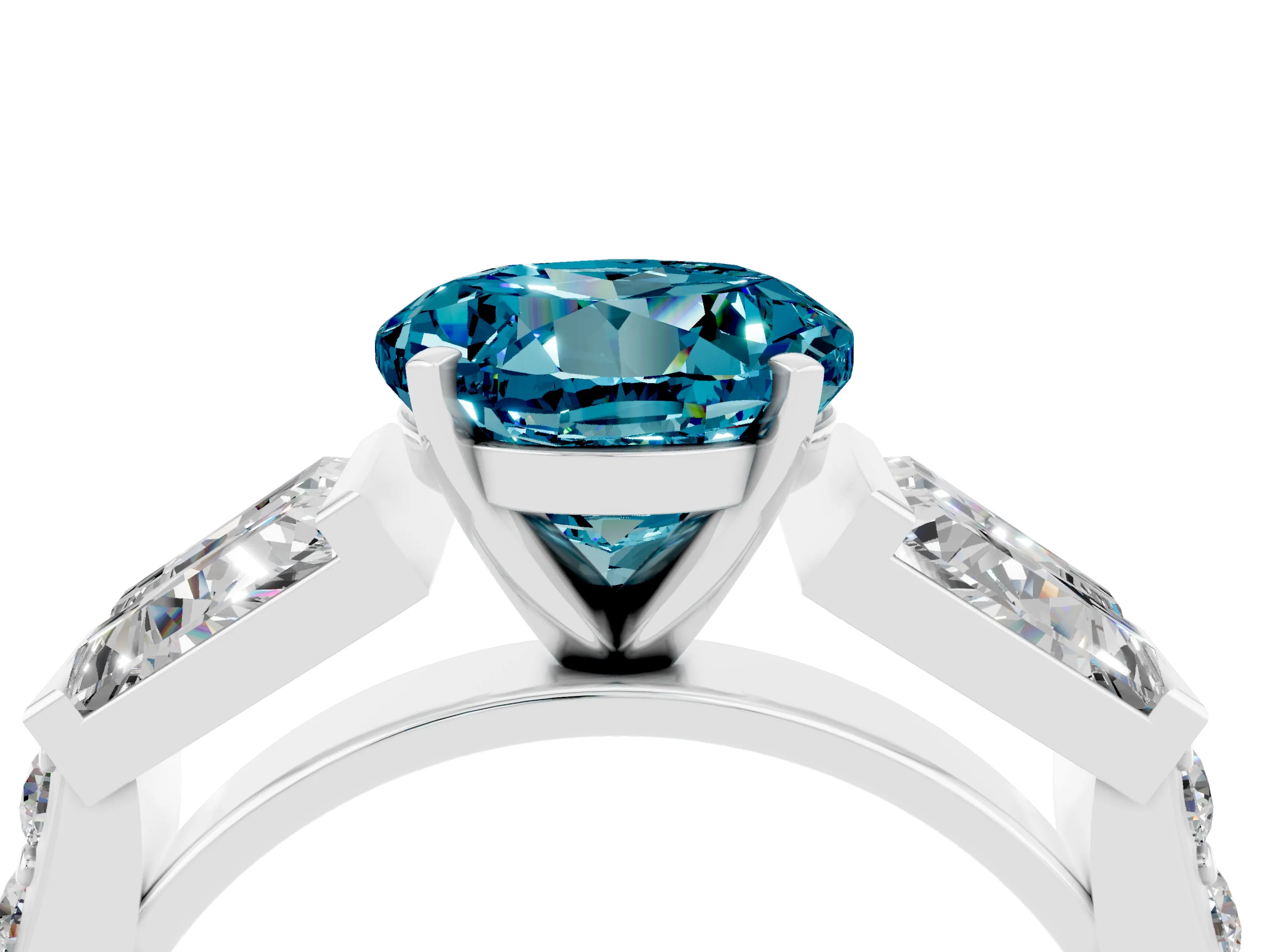 White gold Round Cut Blue Topaz Engagement Ring with Baguette Side Stones and Channel Set Band_4