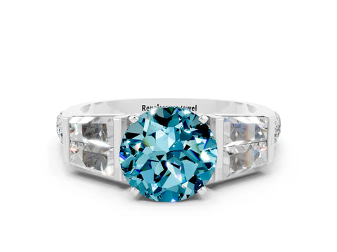 White gold Round Cut Blue Topaz Engagement Ring with Baguette Side Stones and Channel Set Band