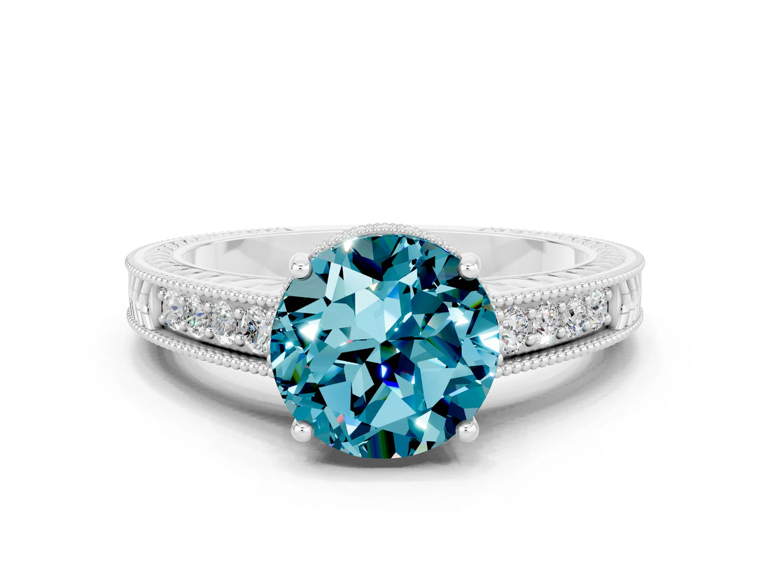 White gold Round Cut Blue Topaz Engagement Ring with Milgrain Channel Set Band and Prong Setting
