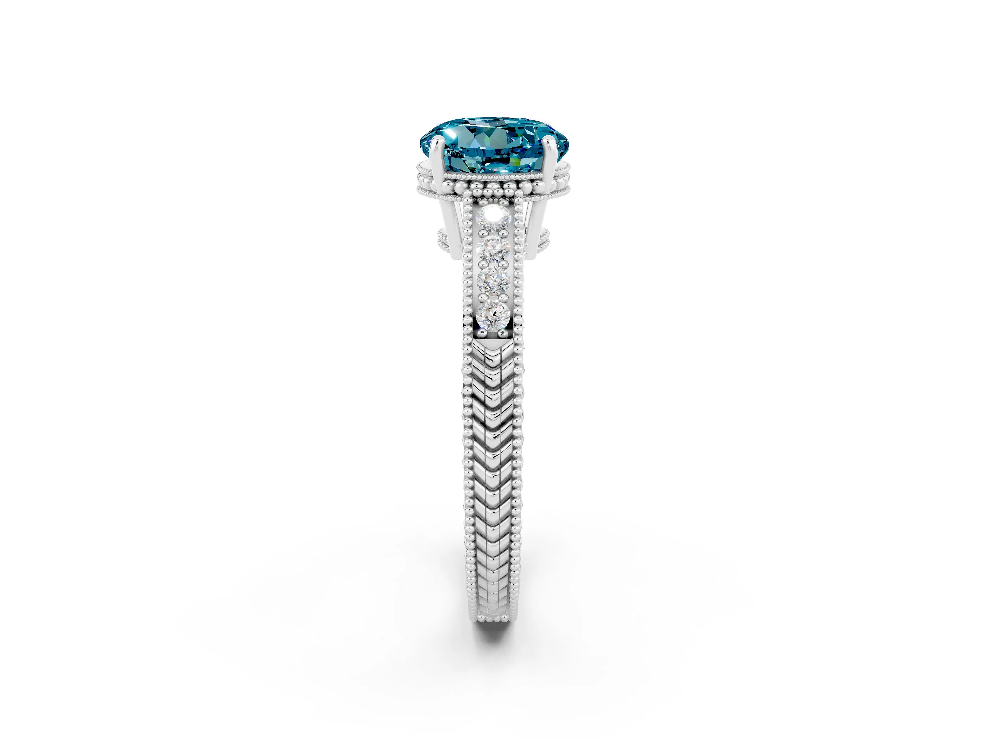 White gold Round Cut Blue Topaz Engagement Ring with Milgrain Channel Set Band and Prong Setting_2