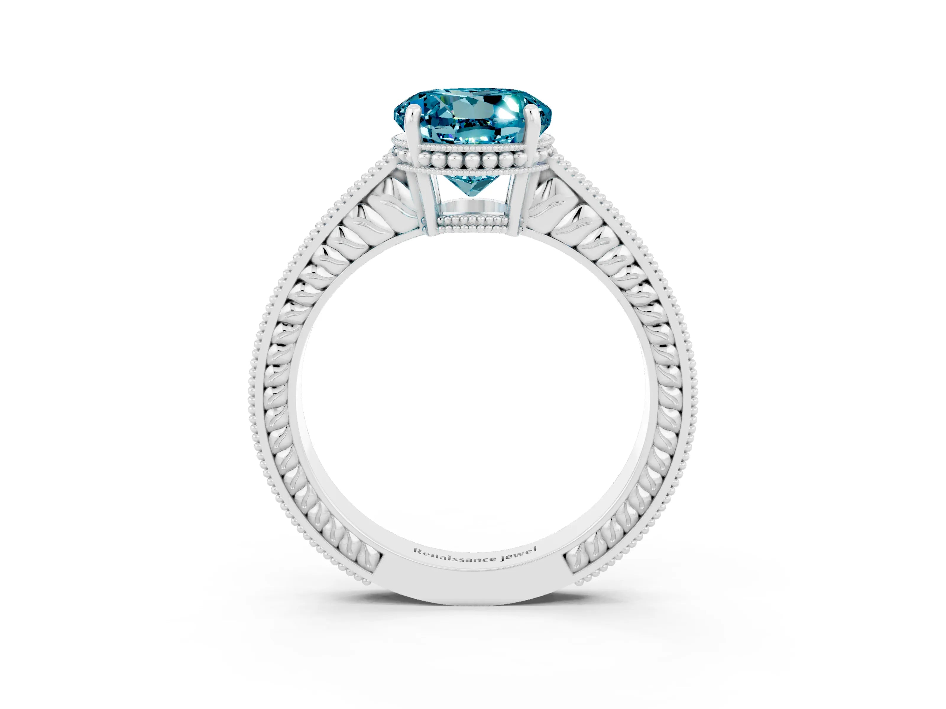 White gold Round Cut Blue Topaz Engagement Ring with Milgrain Channel Set Band and Prong Setting_3