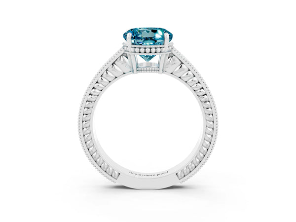 Platinum Round Cut Blue Topaz Engagement Ring with Milgrain Channel Set Band and Prong Setting