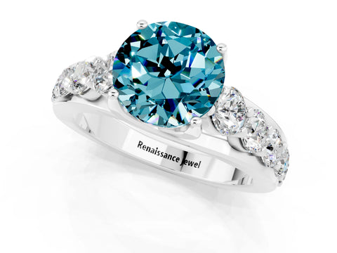 White gold Round Cut Blue Topaz Engagement Ring with Pavé Band and Four-Prong Setting_1