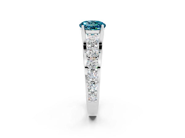 Platinum Round Cut Blue Topaz Engagement Ring with Pavé Band and Four-Prong Setting