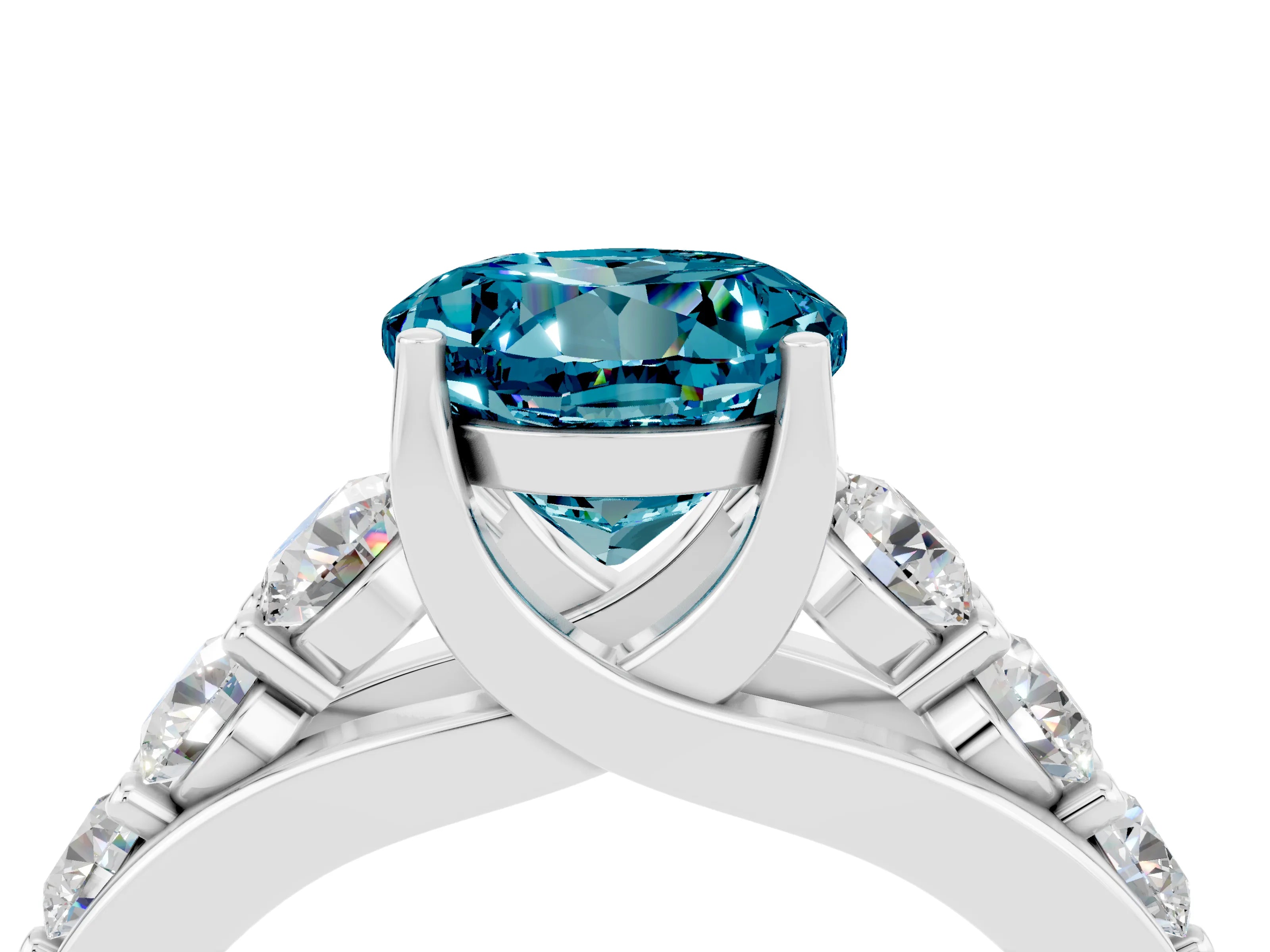 White gold Round Cut Blue Topaz Engagement Ring with Pavé Band and Four-Prong Setting_4