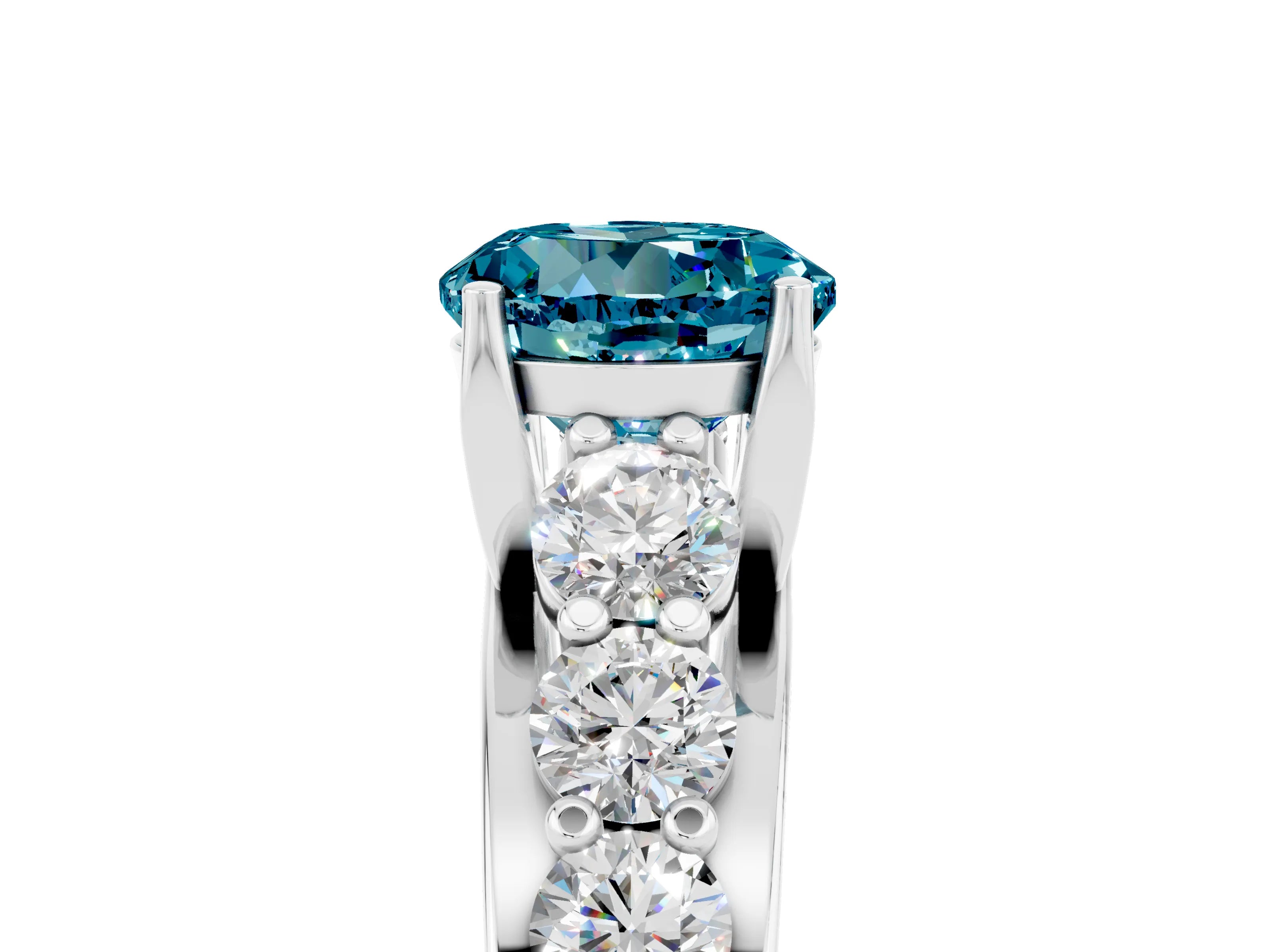 White gold Round Cut Blue Topaz Engagement Ring with Pavé Band and Four-Prong Setting_5