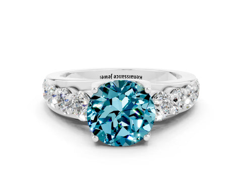 White gold Round Cut Blue Topaz Engagement Ring with Pavé Band and Four-Prong Setting