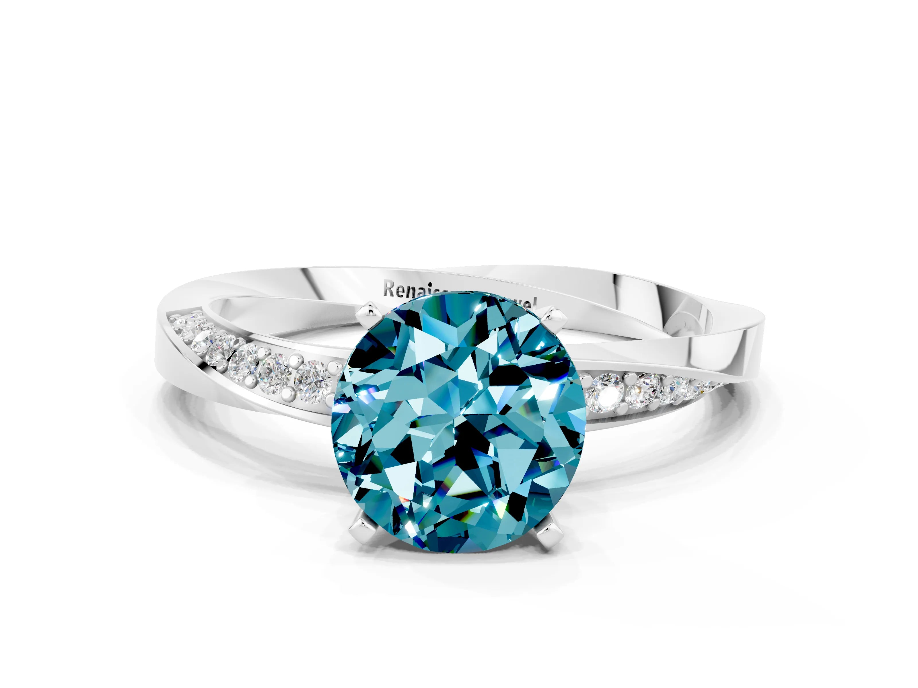 White gold Round Cut Blue Topaz Engagement Ring with Side Stone Accents and Four-Prong Setting_27